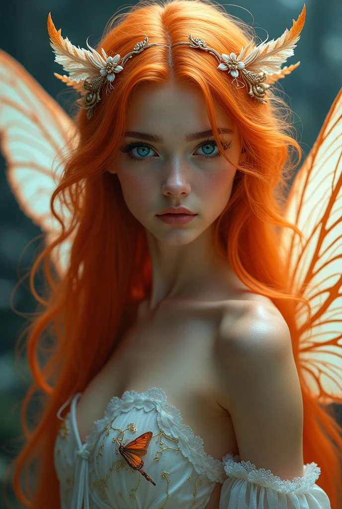 An adult fairy with long fiery orange hair with white highlights, which is about 20 years old. she has blue eyes, blue-orange shimmering wings. She has a serious expression on her face.