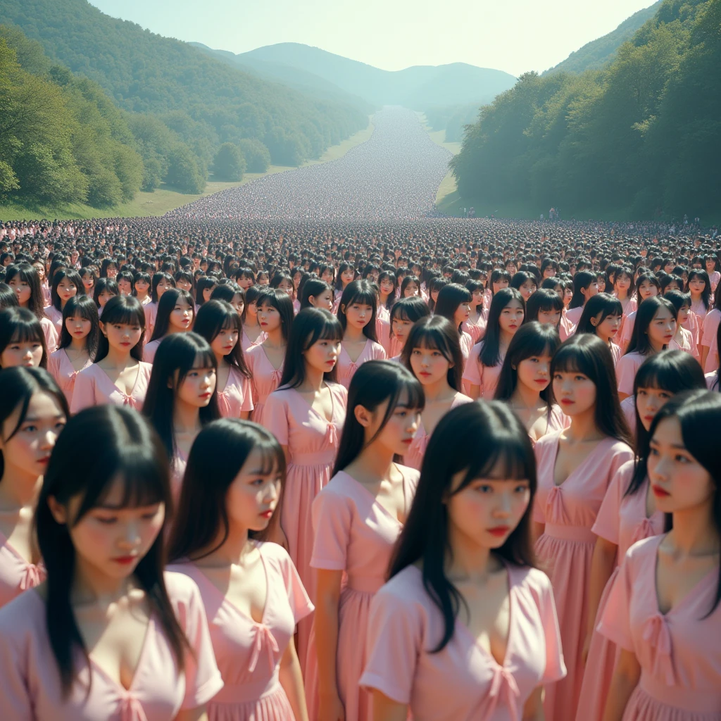 (((((Japanese Clone girls=Myself)))))), (((Best Super High quality Myself Clone girls Raw Photography Art))), (16K, Highest quality, Ultra-high resolution, RAW Photos), (((It's so unrealistic., With unparalleled depiction, With an unfathomable sight, An unprecedented and shocking worldview, Clone girls in a world of mass reproduction, Ultra-realistic))), (((Japanese, woman, 20yo, Saito-Asuka))), (Small face, ((Thick black hair, Semi-long hair))), ((V-neck short-sleeve dress)), (((((Very detailed美しい女体, Accurate body structure, Very detailed完璧な, Super busty body with very large breasts, Clearly emphasizes cleavage))))), (((Dark Eyes, Mature face, Cute Smile, A gentle gaze))), (((Her happy and smiling expression is so cute))), ((((((((Very detailed分身増殖描写, ((1girl→Myself cloning→1,000,000,000,000,000,000,000,000,000,000,000,000,000,000,000,000,000,000,000,000Myself Clone girls)))))))))), ((((((((Very detailed, The precise depiction of the proliferation of Myself Clone girls, ((With the perfectly identical bodies of Myself clone girls, With the exact same face as the Myself clone girls, With the exact same hairstyle as the Myself clone girls, In the exact same clothes as the girls who are my clones, Perfectly the same height as the Myself clone girls, Super big breasts, just like the Myself clone girls)))))))))), (((Myself clone girls only))), (((Multiple pairs, Very detailed depiction, (Myself clone girls hug each other, Myself clone girls assemble, Fun conversations with fellow Myself clone girls, A fun conversation between Myself clone girls, Myself clone girls holding hands, Walking with lots of Myself clone girls, turn around, look at me, The approaching crowd of Myself)))), (((Everyone looks at the camera))), (((Unbelievably crowded, Transcendent Myself clone girls intimately, Countless Myself clone girls surround you in 360 degrees))), (Bright, soft sunlight), (((Very wide field of view, Very detailed, Detailed ultra-perspective depiction with clear depth, super wide view))), (((((Scenery with a steeply curving slope))))), (((Very photographic and detailed depiction, Myself clone girls will multiply infinitely and fill the surroundings from one side to the horizon with their bodies tightly packed together without any gaps., A scene of endless Myself clone girls, giving a happy vibe.))), (Focus on the average value of the image)