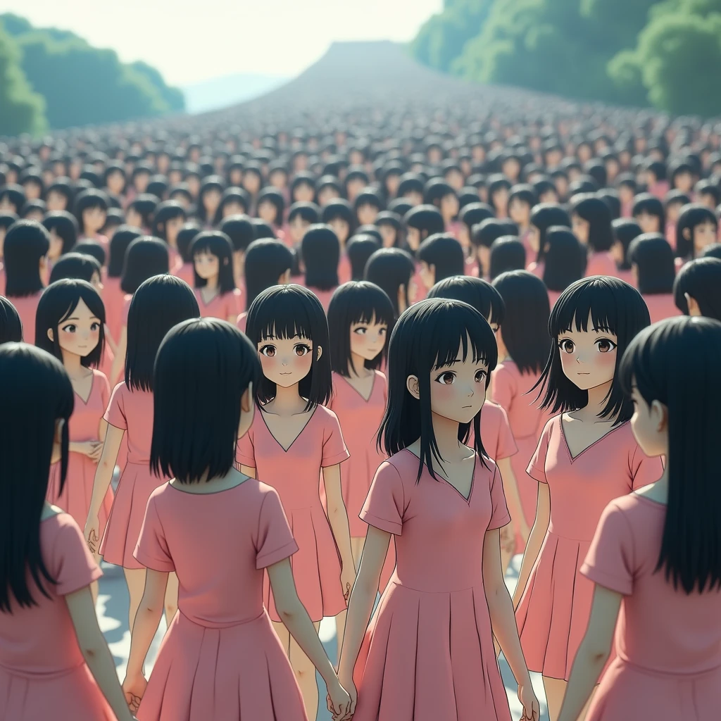(((((Japanese Clone girls=Myself)))))), (((Best Super High quality Myself Clone girls Raw Photography Art))), (16K, Highest quality, Ultra-high resolution, RAW Photos), (((It's so unrealistic., With unparalleled depiction, With an unfathomable sight, An unprecedented and shocking worldview, Clone girls in a world of mass reproduction, Ultra-realistic))), (((Japanese, woman, 20yo, Saito-Asuka))), (Small face, ((Thick black hair, Semi-long hair))), ((V-neck short-sleeve dress)), (((((Very detailed美しい女体, Accurate body structure, Very detailed完璧な, Super busty body with very large breasts, Clearly emphasizes cleavage))))), (((Dark Eyes, Mature face, Cute Smile, A gentle gaze))), (((Her happy and smiling expression is so cute))), ((((((((Very detailed分身増殖描写, ((1girl→Myself cloning→1,000,000,000,000,000,000,000,000,000,000,000,000,000,000,000,000,000,000,000,000Myself Clone girls)))))))))), ((((((((Very detailed, The precise depiction of the proliferation of Myself Clone girls, ((With the perfectly identical bodies of Myself clone girls, With the exact same face as the Myself clone girls, With the exact same hairstyle as the Myself clone girls, In the exact same clothes as the girls who are my clones, Perfectly the same height as the Myself clone girls, Super big breasts, just like the Myself clone girls)))))))))), (((Myself clone girls only))), (((Multiple pairs, Very detailed depiction, (Myself clone girls hug each other, Myself clone girls assemble, Fun conversations with fellow Myself clone girls, A fun conversation between Myself clone girls, Myself clone girls holding hands, Walking with lots of Myself clone girls, turn around, look at me, The approaching crowd of Myself)))), (((Everyone looks at the camera))), (((Unbelievably crowded, Transcendent Myself clone girls intimately, Countless Myself clone girls surround you in 360 degrees))), (Bright, soft sunlight), (((Very wide field of view, Very detailed, Detailed ultra-perspective depiction with clear depth, super wide view))), (((((Scenery with a steeply curving slope))))), (((Very photographic and detailed depiction, Myself clone girls will multiply infinitely and fill the surroundings from one side to the horizon with their bodies tightly packed together without any gaps., A scene of endless Myself clone girls, giving a happy vibe.))), (Focus on the average value of the image)