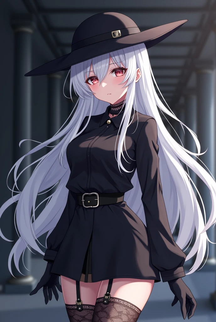 Create an anime girl with white hair, long and fringed, He has a black spy hat with small chains on the sides.. As for clothing, she wears a long-sleeved blouse with a neckline., black color and a short black skirt, On her legs, put some openwork tights and some knee-high leather boots., Put a black choker-type rope around your neck