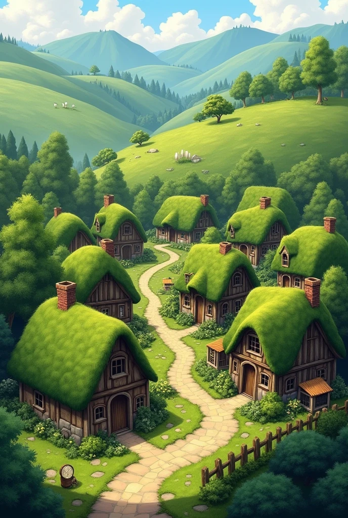 A quaint village with traditional turf-roofed houses, nestled among the green hills.