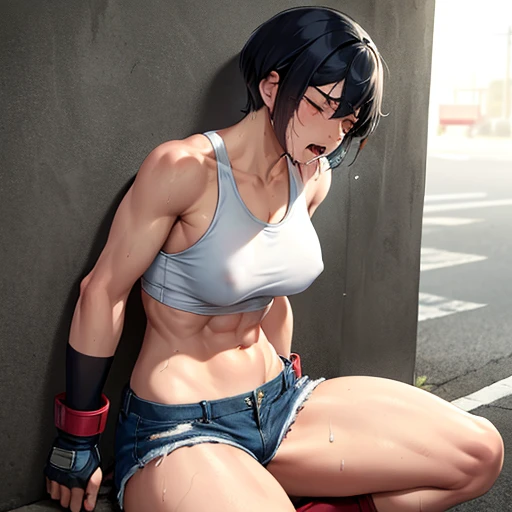 a japanese female streetfighter is beated down in the backstreet. A bloodied and bruised female fighter sits with her legs spread. She is cornered against the wall and has a lot of punches from the male fighter. she has lost. the will to fight. she has big pain. she is crying. she is damaged terribry. Short-cut black hair, out of breath, drooling from mouth, one eye is closed, exhausted, drenched in sweat. Erect nipples, open finger glove, Whittled waistline, muscular, six-pack abs, Ragged tanktop and denim shorts.