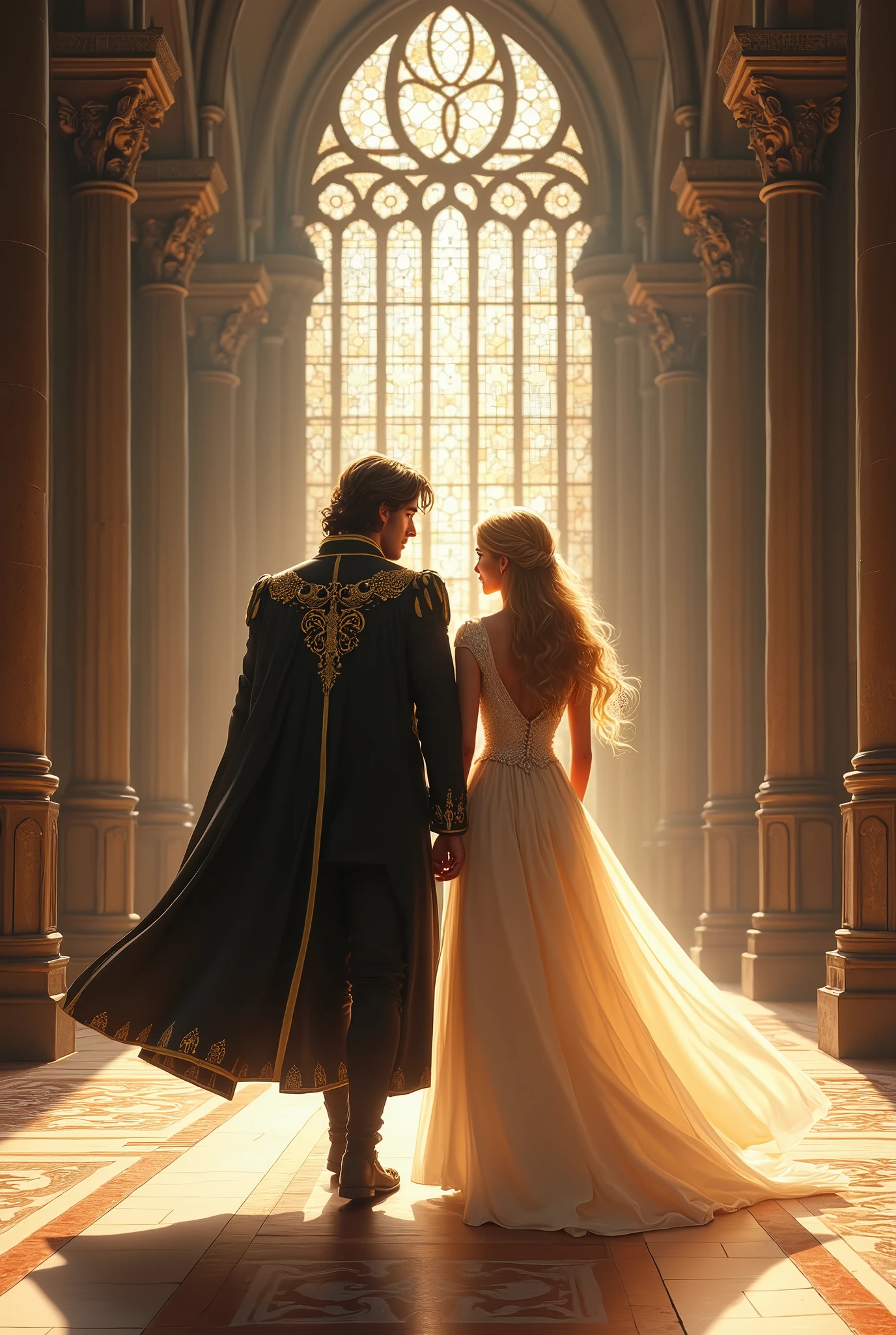 Black prince and blonde princess walking in the cathedral