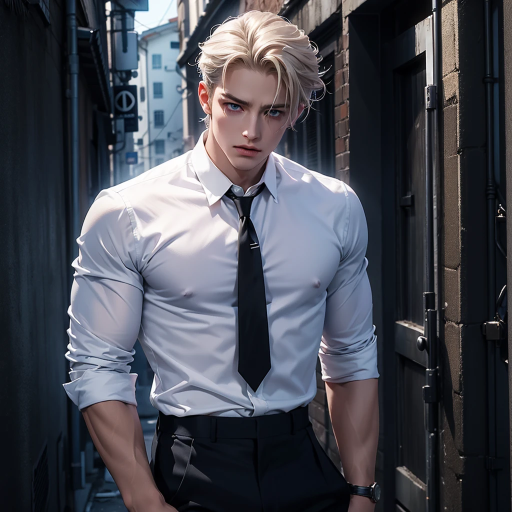 -Create 1 boy -He wears a formal white shirt -Formal black pants -Has tattoos on his arms -He wears a watch on his left hand -He has hair that falls in tousled waves -He has broad shoulders -He has a slim body -He has a muscular body -Silver blonde hair -His skin tone is pale -Bright blue eyes -Smoke coming out of his mouth -His personality should convey sadness and loneliness -Penetrating gaze -Attractive face -Marked and thin jaw -With a background of a dark abandoned alley