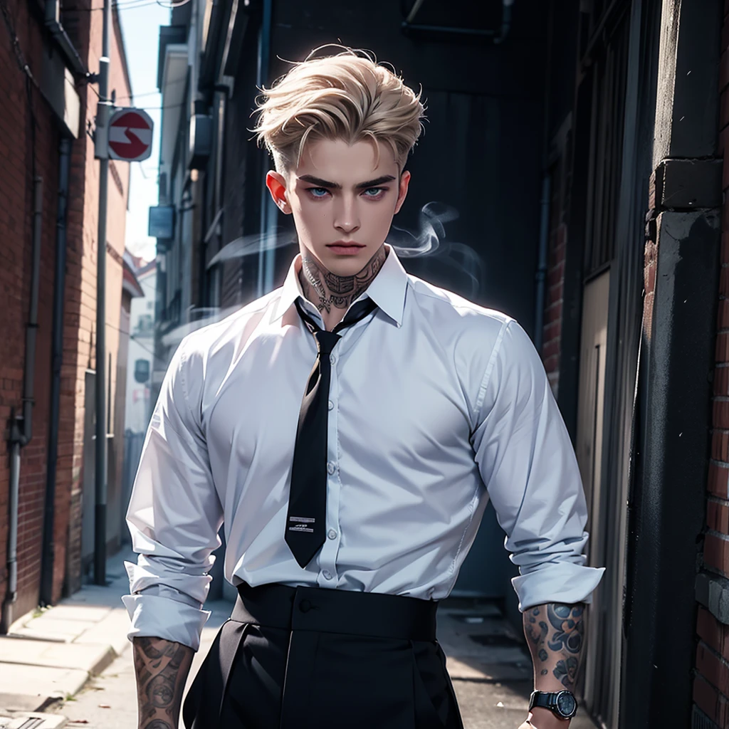 -Create 1 boy -He wears a formal white shirt -Formal black pants -Has tattoos on his arms -He wears a watch on his left hand -He has hair that falls in tousled waves -He has broad shoulders -He has a slim body -He has a muscular body -Silver blonde hair -His skin tone is pale -Bright blue eyes -Smoke coming out of his mouth -His personality should convey sadness and loneliness -Penetrating gaze -Attractive face -Marked and thin jaw -With a background of a dark abandoned alley 


