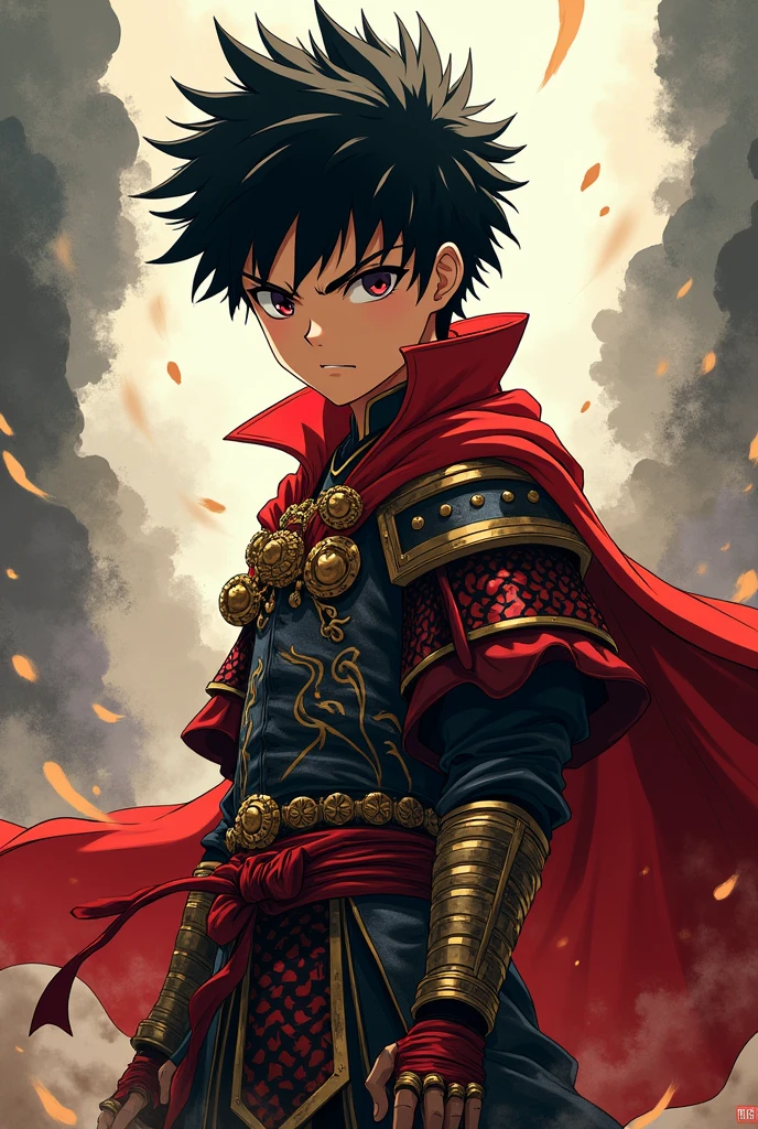 Create an image of a young, fierce warrior depicted in mob psycho 100 anime style. The warrior should have a determined expression, with sharp, intense eyes and a strong, confident pose. Outfit the warrior in detailed, traditional armor, including a flowing cape and ornate, battle-worn details. The color palette should feature bold, vibrant colors with high contrast, and the background can include dramatic action lines or effects to emphasize the warrior's energy and strength.