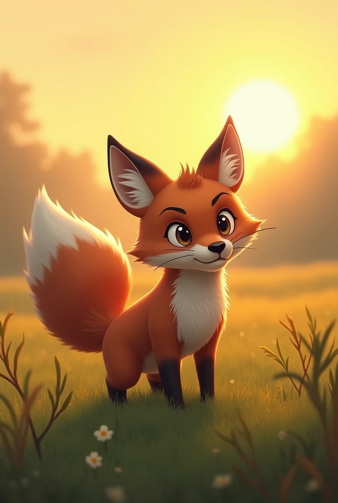 A brown fox getting ready to hunt,action run,Strong expression,The sun has just risen over the grassland in the background,Cute realistic style
