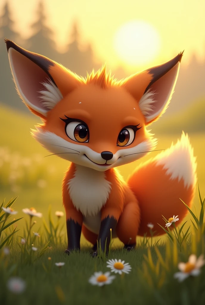 A brown fox getting ready to hunt,action run,Strong expression,The sun has just risen over the grassland in the background,Cute realistic style