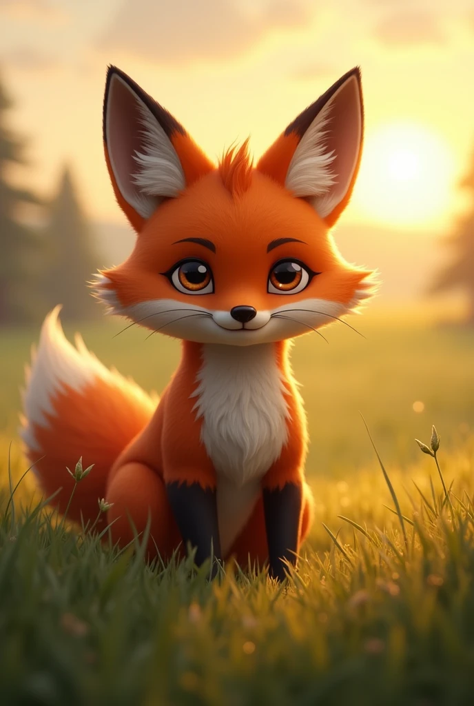 A brown fox getting ready to hunt,action run,Strong expression,The sun has just risen over the grassland in the background,Cute realistic style