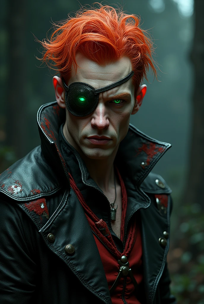 An adult man with red hair and one eye with an eye patch and the other green., with worn out vampire colored clothes