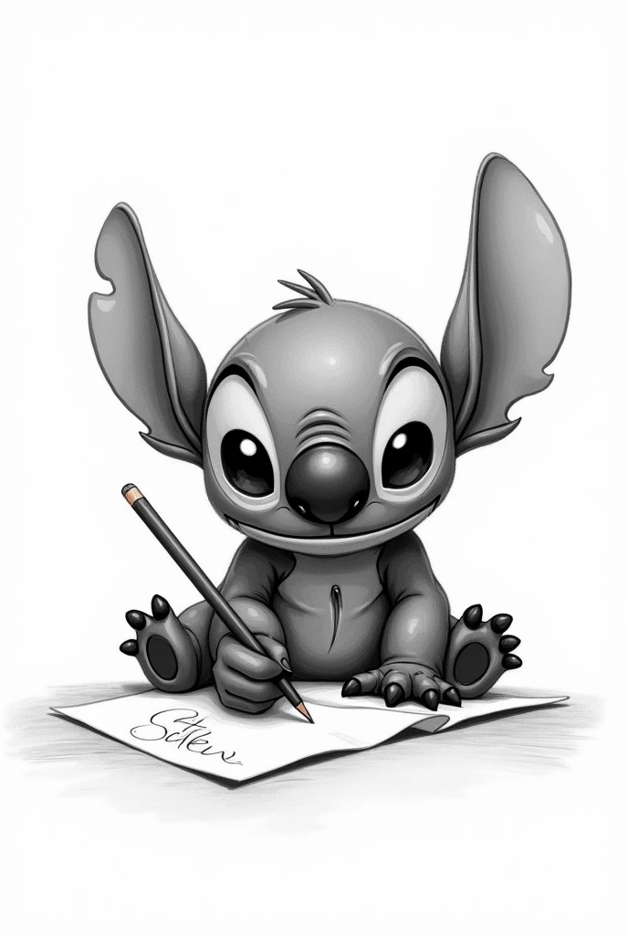 Image of Stich drawing with pencil in hand in black and white color 
