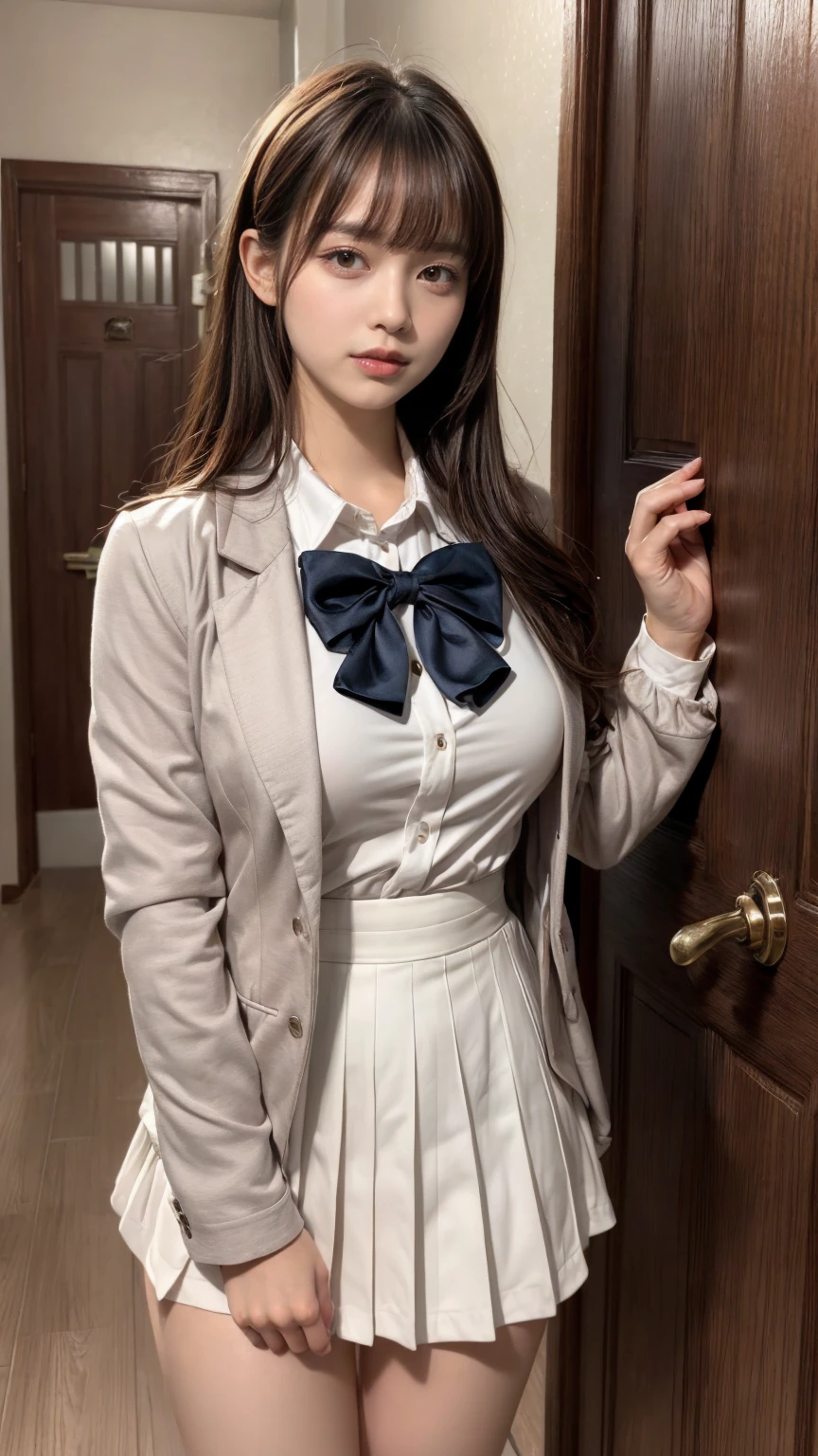 white collared shirt, blazer, bowtie, necktie, pleated skirt, micromini skirt, bobby socks, , white socks, loafers, school shoes,striped panties,(( pantyshot, panties shot)),,skirt up.cowboy shot.spread legs.((full body)).23yo .pee stain