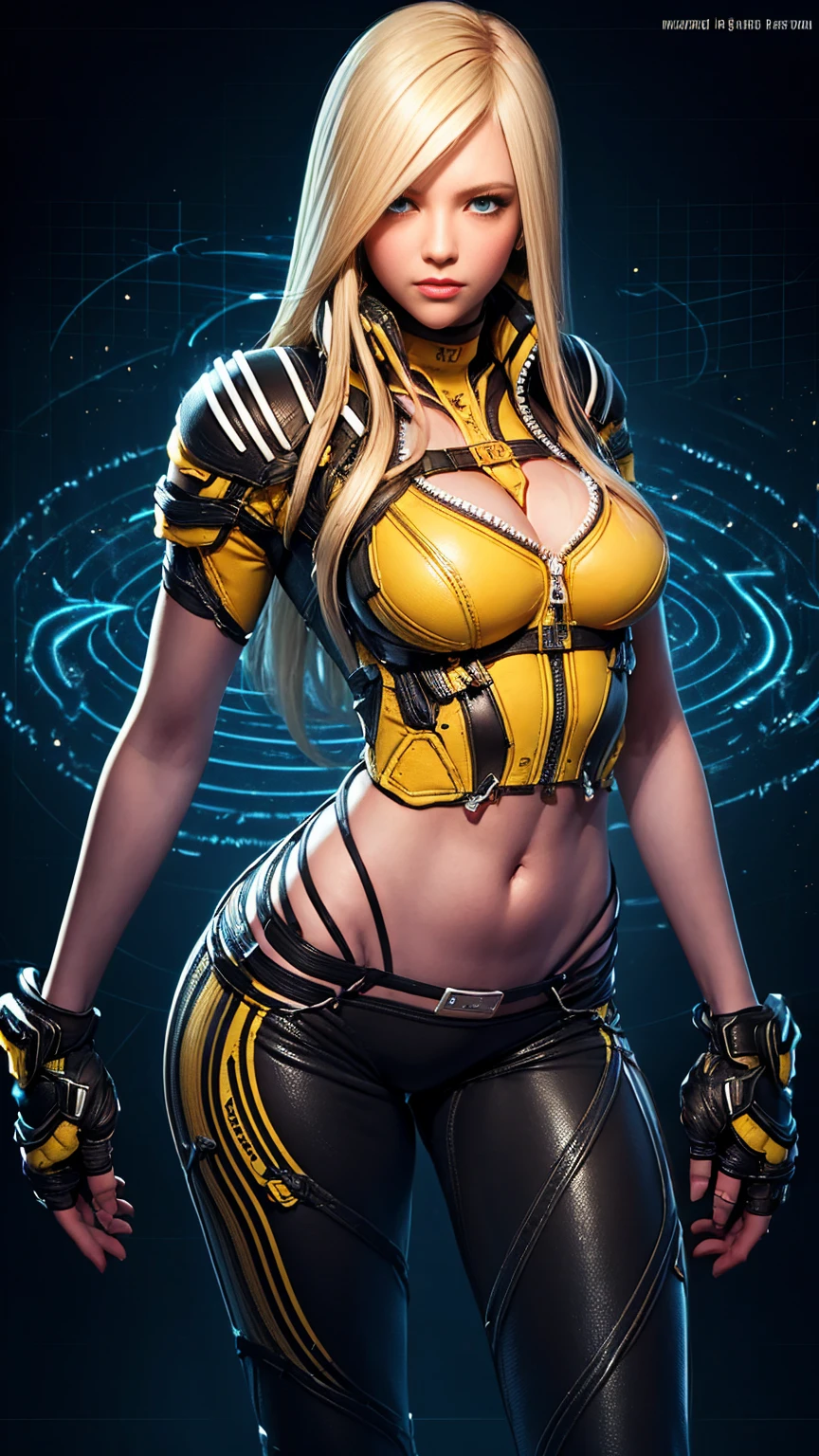 Elena from star ocean 6, long yellow hair in loose sheaf, sapphire blue eyes, skin tight ultra-low-rise leather pants, fitted yellow jacket 3/4 cropped, black motorcycle boots, holding futuristic beam weapon, combat poses, highly detailed face, intricately detailed hands, best hands, perfect, background of vivid cosmic swirls of color, 16k, masterpiece, award winning digital art, strong_negative