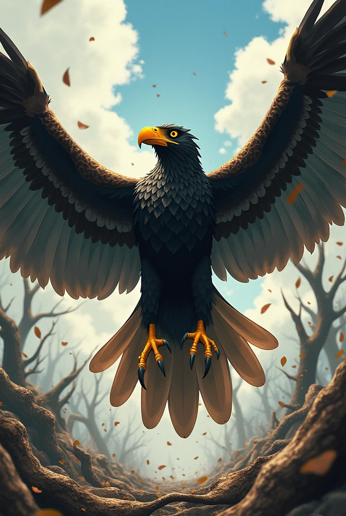  Golden and Black Billed Hawk, black body, flying through the debris of nature, huge white wings open, golden power anime version