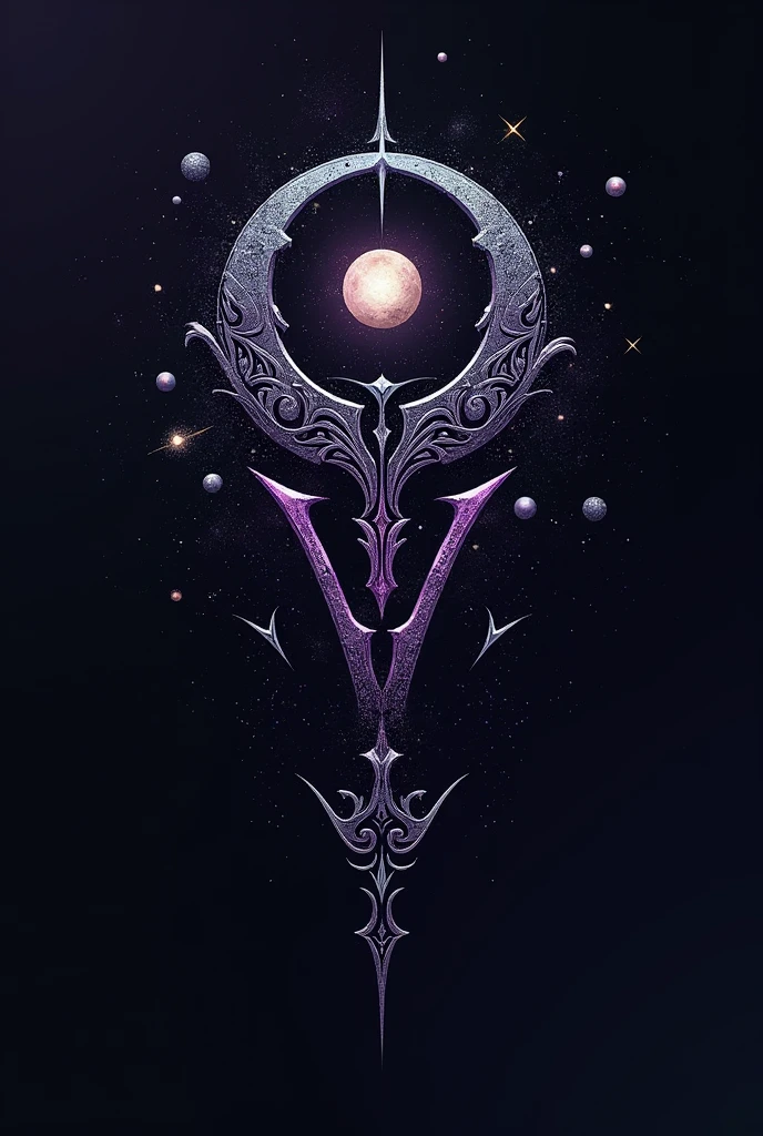 The logo would be a combination of the name *Octavia Void*, written in a font with sharp edges and smooth curves, reminiscent of archaic symbols or runes. Colors - black and purple, with the addition of shiny silver accents. Elements can be integrated into or above the letters, symbolizing space, such as stars, moon or planets.