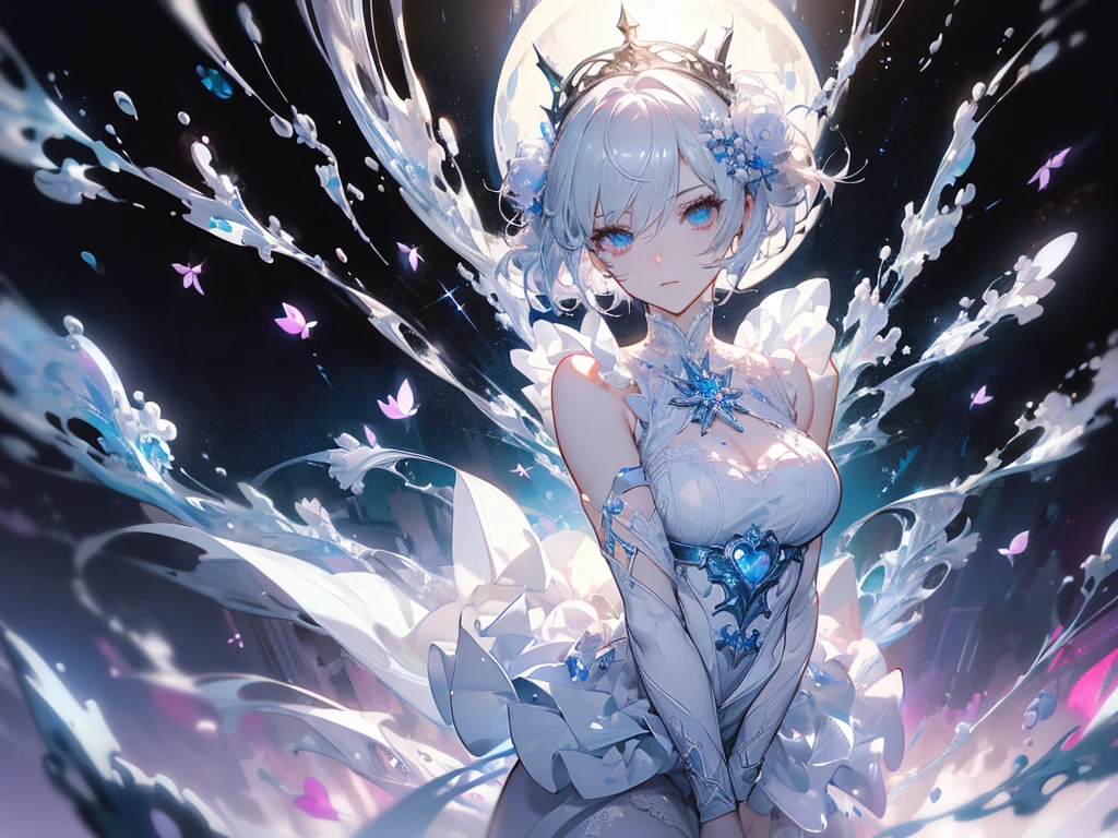 ((masterpiece, best quality)), Epic battlefield atmosphere,Silver Bell Ice Heart,Maid,Petals falling,A meticulous face,Standing image,Perfect body proportions,Stylish short hair,beautiful eyes,Fantasy style,White background,transparent,Sexy,Lace,Pantyhose