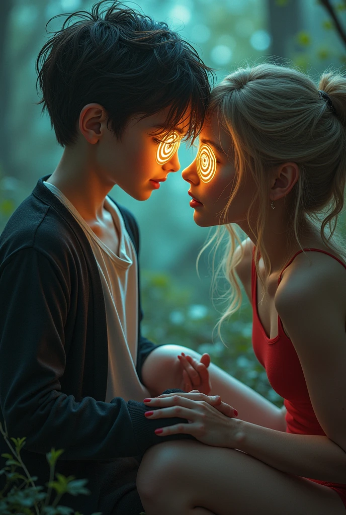 (A ( kid ,  Magical spiral eyes , fighting two sexy beautiful girls they are wearing legging, they got Hypnotized when they see into his eyes ,thees eyes also start glowing like the kids and knees on the floor and kiss her feet and worship, two beautiful girls become he pet and kiss on the lips (crawling)
(realistic)

