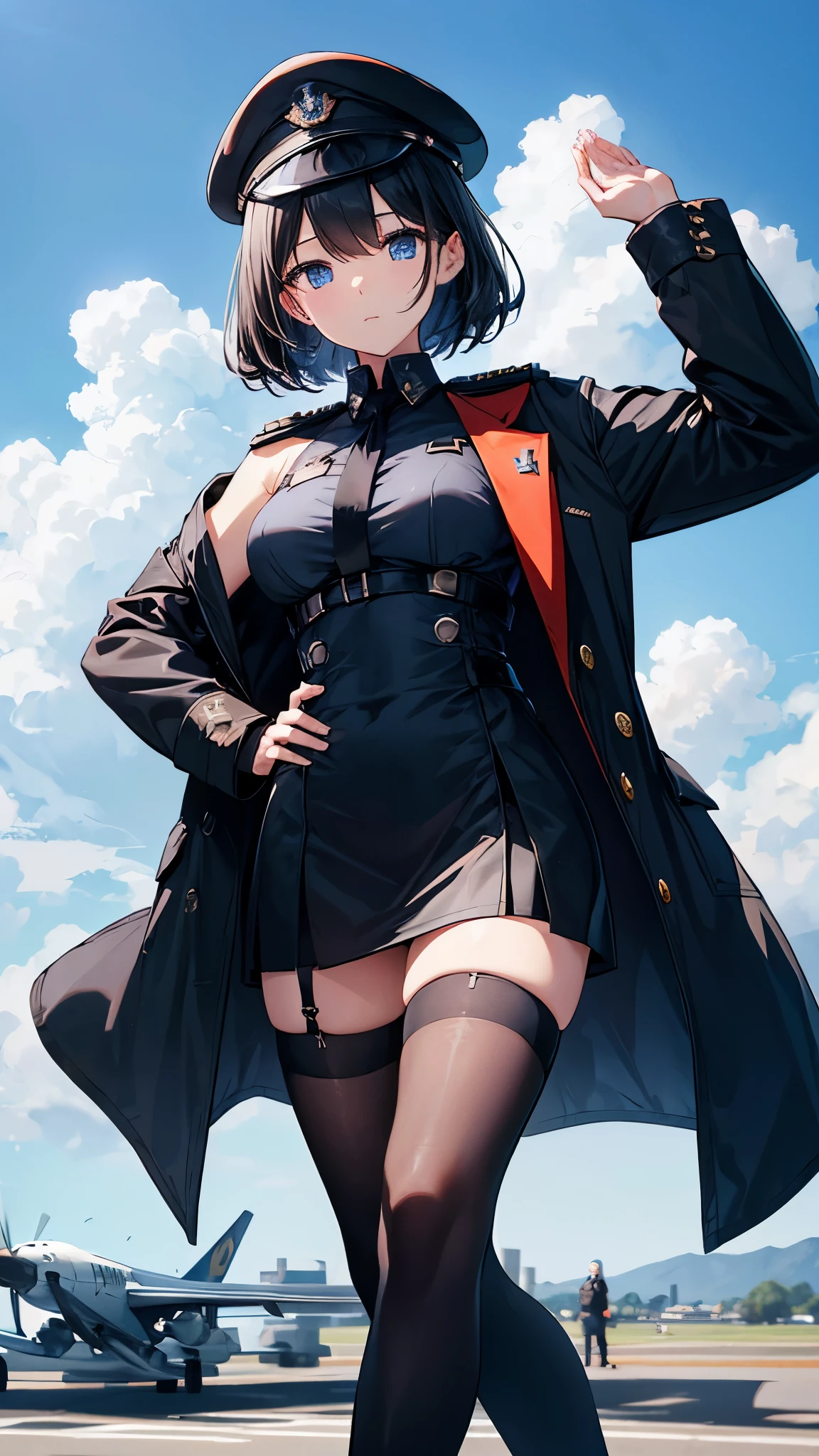 Commander Woman、beautiful、Near future、upright、Salute with your right hand、Left hand lowered、Black military uniform、Black Mini Tight Skirt、Black military boots、Black Stockings、Black Hair、Deep blue eyes、thin black tie、Slender body、Black Beret、Wings Medal、Rank insignia on shoulder、He has a gun、(Blue sky and white clouds on background、Fighter plane in the background)