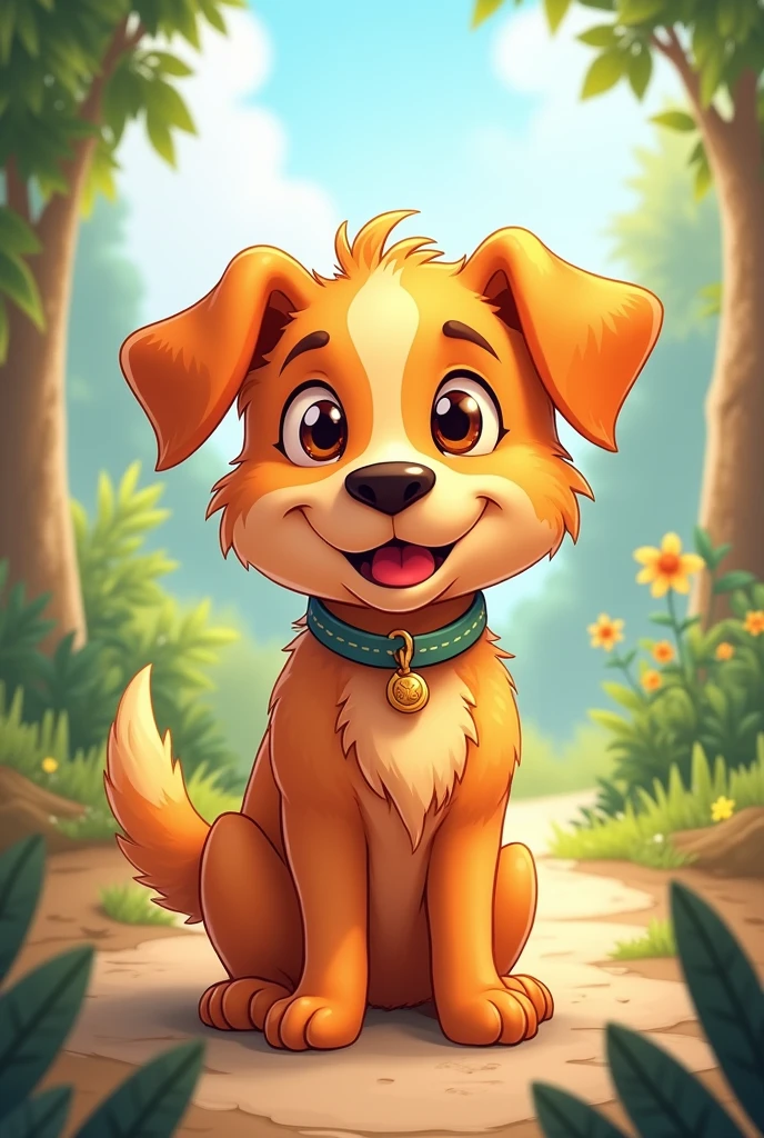 Create a cartoon design of a friendly caramel mutt dog for a book story