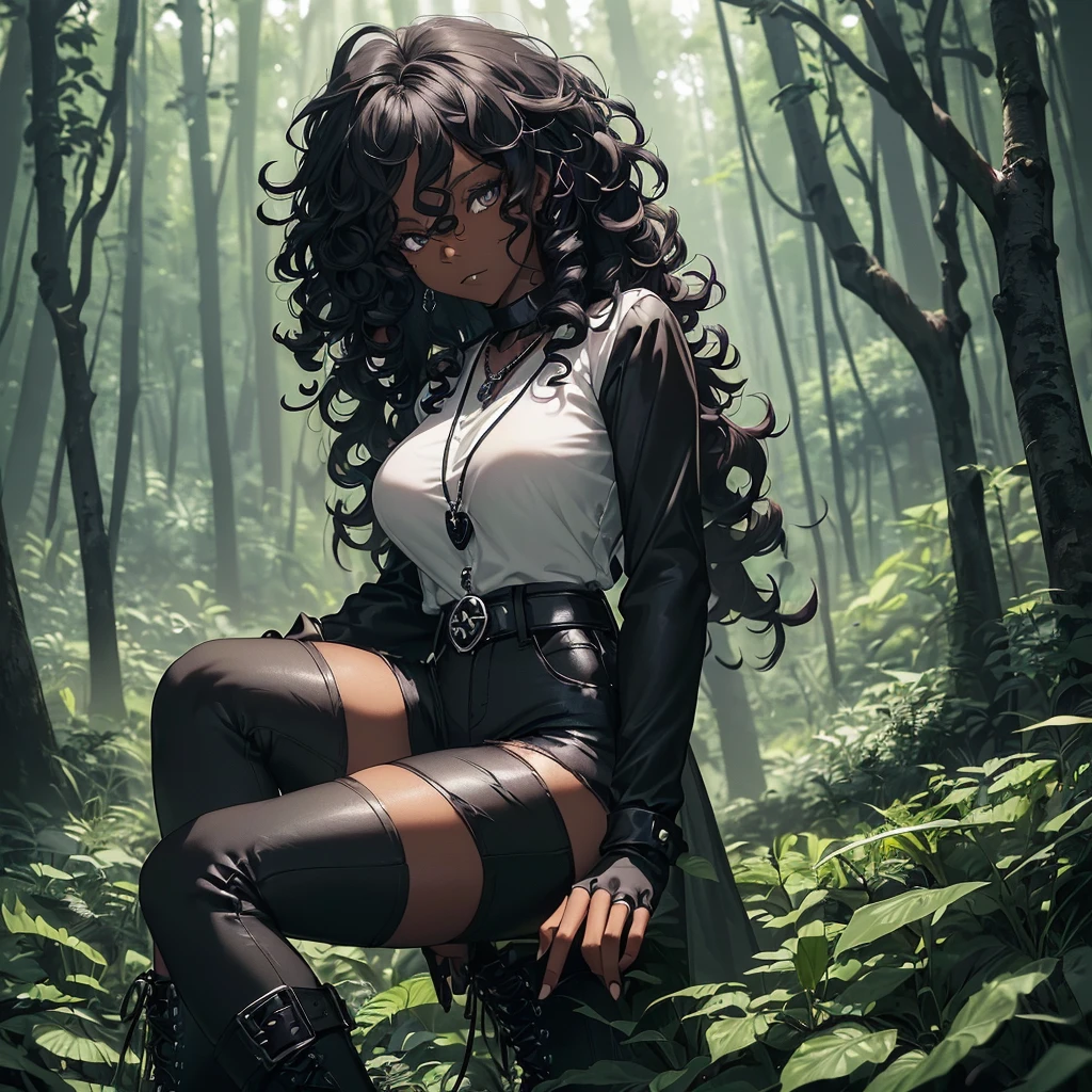 ((A single adult woman alone in the forest having black skin having curly hair, the woman's style is gothic wearing a white shirt and black jeans while wearing black boots, she wears black fingerless gloves while having a skull pendant necklace)) ((day lighting)) ((forest scenery)