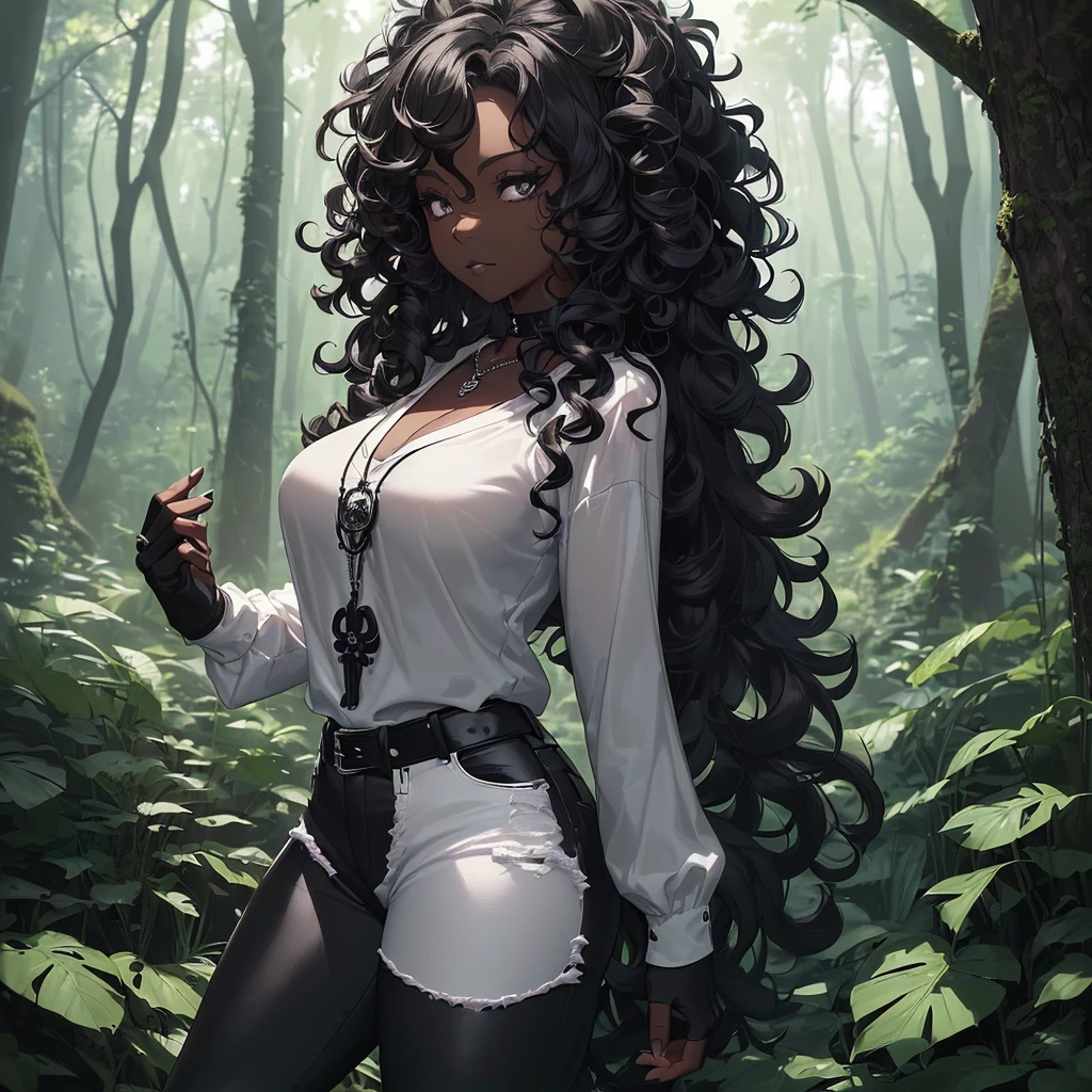 ((A single adult woman alone in the forest having black skin having curly hair, the woman's style is gothic wearing a white shirt and black jeans while wearing black boots, she wears black fingerless gloves while having a skull pendant necklace)) ((day lighting)) ((forest scenery)