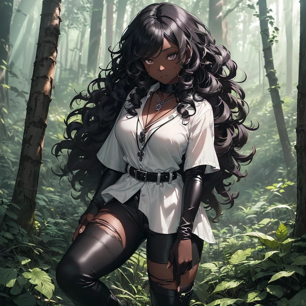 ((A single adult woman alone in the forest having black skin having curly hair, the woman's style is gothic wearing a white shirt and black jeans while wearing black boots, she wears black fingerless gloves while having a skull pendant necklace)) ((day lighting)) ((forest scenery)