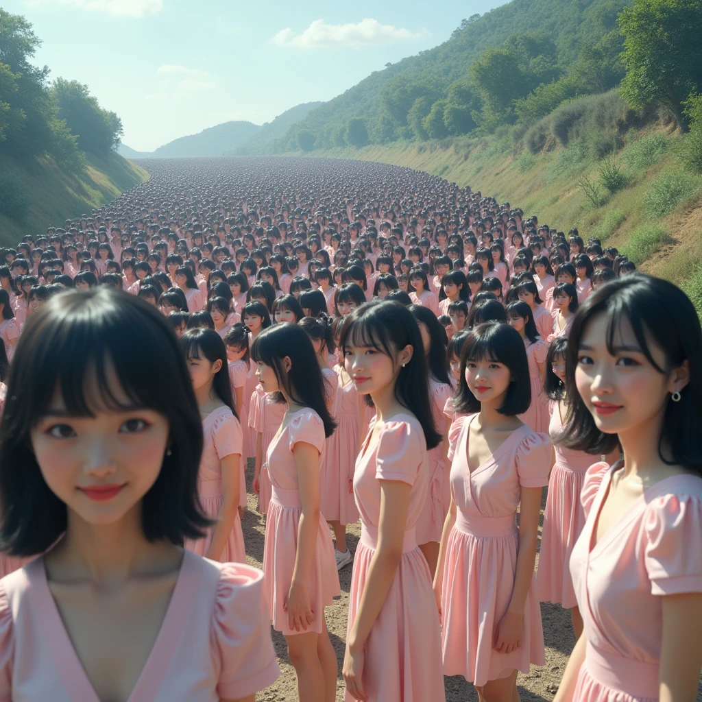 (((((Japanese Clone girls=Myself)))))), (((Best Super High quality Myself Clone girls Raw Photography Art))), (16K, Highest quality, Ultra-high resolution, RAW Photos), (((It's so unrealistic., With unparalleled depiction, With an unfathomable sight, An unprecedented and shocking worldview, Clone girls in a world of mass reproduction, Ultra-realistic))), (((Japanese, woman, 20yo, Saito-Asuka))), (Small face, ((Thick black hair, Semi-long hair))), ((V-neck short-sleeve dress)), (((((Very detailed美しい女体, Accurate body structure, Very detailed完璧な, Super busty body with very large breasts, Clearly emphasizes cleavage))))), (((Dark Eyes, Mature face, Cute Smile, A gentle gaze))), (((Her happy and smiling expression is so cute))), ((((((((Very detailed分身増殖描写, ((1girl→Myself cloning→1,000,000,000,000,000,000,000,000,000,000,000,000,000,000,000,000,000,000,000,000Myself Clone girls)))))))))), ((((((((Very detailed, The precise depiction of the proliferation of Myself Clone girls, ((With the perfectly identical bodies of Myself clone girls, With the exact same face as the Myself clone girls, With the exact same hairstyle as the Myself clone girls, In the exact same clothes as the girls who are my clones, Perfectly the same height as the Myself clone girls, Super big breasts, just like the Myself clone girls)))))))))), (((Myself clone girls only))), (((Multiple pairs, Very detailed depiction, (Myself clone girls hug each other, Myself clone girls assemble, Fun conversations with fellow Myself clone girls, A fun conversation between Myself clone girls, Myself clone girls holding hands, Walking with lots of Myself clone girls, turn around, look at me, The approaching crowd of Myself)))), (((Everyone looks at the camera))), (((Unbelievably crowded, Transcendent Myself clone girls intimately, Countless Myself clone girls surround you in 360 degrees))), (Bright, soft sunlight), (((Very wide field of view, Very detailed, Detailed ultra-perspective depiction with clear depth, super wide view))), (((((Scenery with a steeply curving slope))))), (((Very photographic and detailed depiction, Myself clone girls will multiply infinitely and fill the surroundings from one side to the horizon with their bodies tightly packed together without any gaps., A scene of endless Myself clone girls, giving a happy vibe.))), (Focus on the average value of the image)
