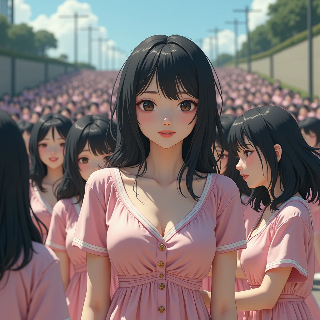 (((Japanese Clone girls=Myself))), (((best masterpiece Clone girls Raw Photography Art))), (16K, Highest quality, Ultra-high resolution, RAW Photos), (Unrealistic, Unparalleled, Different dimension, Improbable sight, (((A world of mass proliferation of myselves, Ultra-realistic)))), ((Japanese, woman, 18yo, saito-Asuka)), ((Small face, (Thick black hair, (Semi-long hair)))), (V-neck short-sleeve dress), (((((Very beautiful detailed girls, Accurate body structure, Very detailed完璧な, A super busty body with very large breasts, Great proportions, super big breasts, Big, voluptuous breasts, The cleavage is very plump and emphasized))))), (Dark Eyes, Mature face, Cute Smile, A gentle gaze), (((Very happy laughter))), (((((((((((Very detailed, (1girl→cloning→1,000,000,000,000,000,000,000,000girls))))))))))), ((((((((((Very detailed, Absolute precision, With the depiction of an alter ego, ((((((((The exact same female body, The exact same face, Exactly the same hairstyle, Perfect same clothes, Perfectly the same height, The same exact super big boobs))))))))))))))))))), ((((((((((Myself only)))))))))), ((((((((100,000,000,000,000,000,000,000,000,000,000,000,000,000,000Myself, Popular gravure idols)))))))), (((((Beautiful poses to raise the actress's consciousness, (Cleavage Emphasis), (Walk freely), (Very detailed, Myself and each other, hug, Back to Back, Myself big collection, Fun conversation with myself, A happy conversation with myself, Kiss Myself Everywhere, Doting on Myself), Free pose, (Sexual seduction)))))), (((((Unbelievably crowded, Close contact between transcendent selves, Countless Myselves, 360 degrees, completely surrounded))))), ((Bright and soft sunlight)), (((((super wide view, Very wide field of view, Very detailed, Detailed ultra-perspective depiction with clear depth))))), (((Ultra-high-definition poster-like depiction))), (((((Flat and gently undulating terrain, Slope, The countless "myselves" filling up the cities, towns and hills continue to grow infinitely, reaching beyond the horizon))))), Focus on the center of the group
