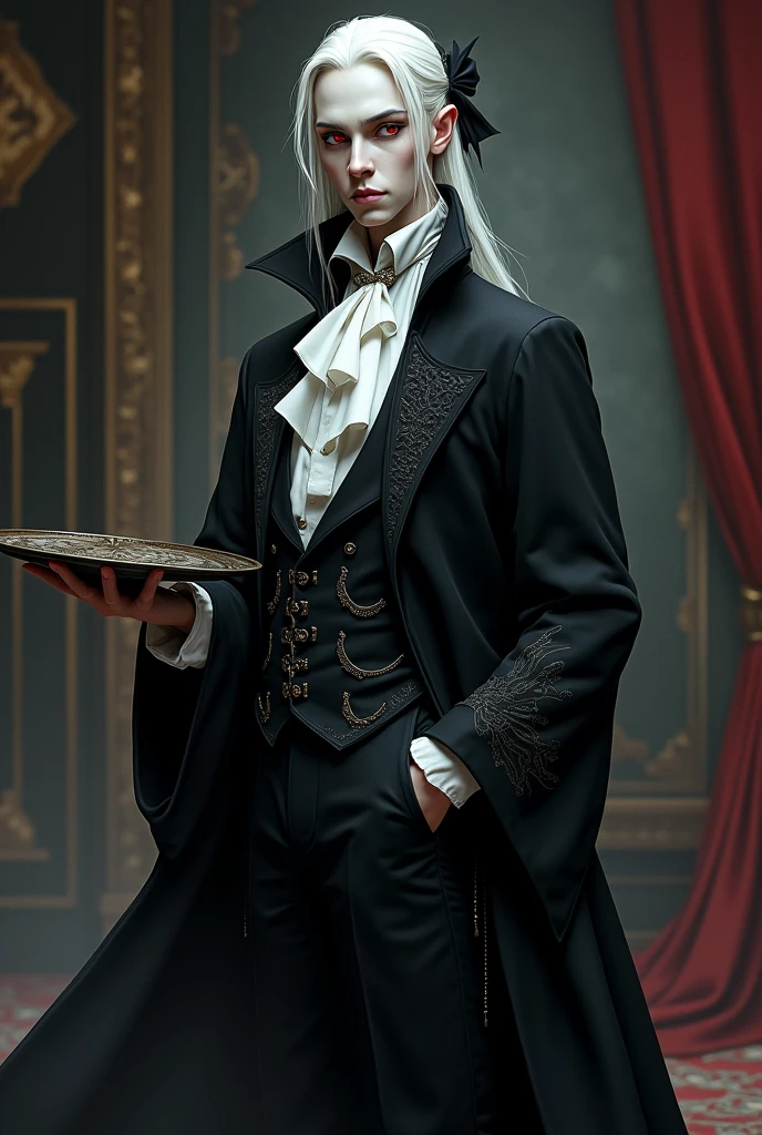 Appearance: Konstantin is a tall, skinny vampire, with long white hair (It is tied up in a bow) which contrasts with her equally pale skin. His eyes are piercing red and slanted., which accentuates its aura of mystery and threat. He usually wears extravagant and dark clothes. (like elegant shirts with a long jacket). is a man. It is in a room with gothic decoration. Holding a tray. With an ironic smile.