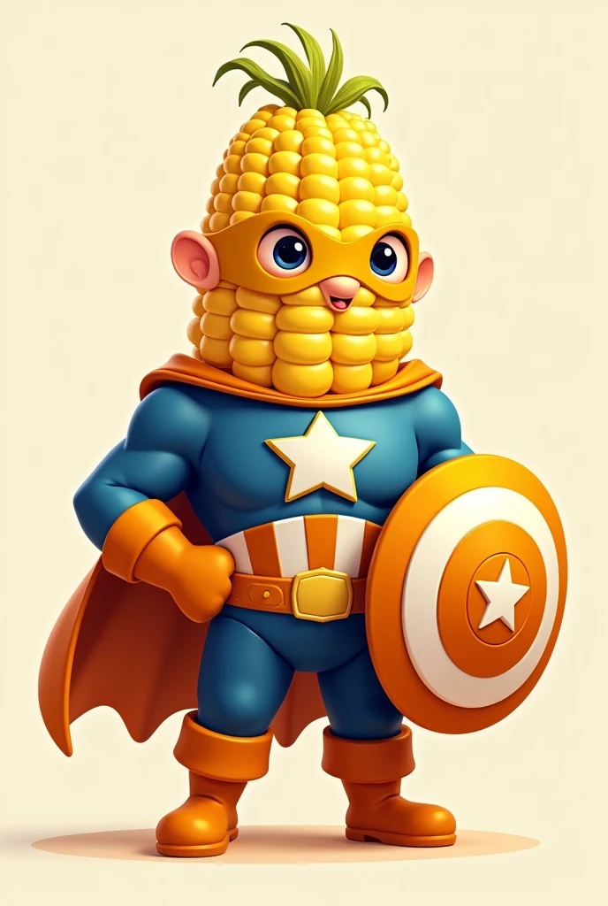 I want an image of a corn superhero dressed but with a corn body and that is a small avatar like Captain America, the same one but with the shield, that is strong