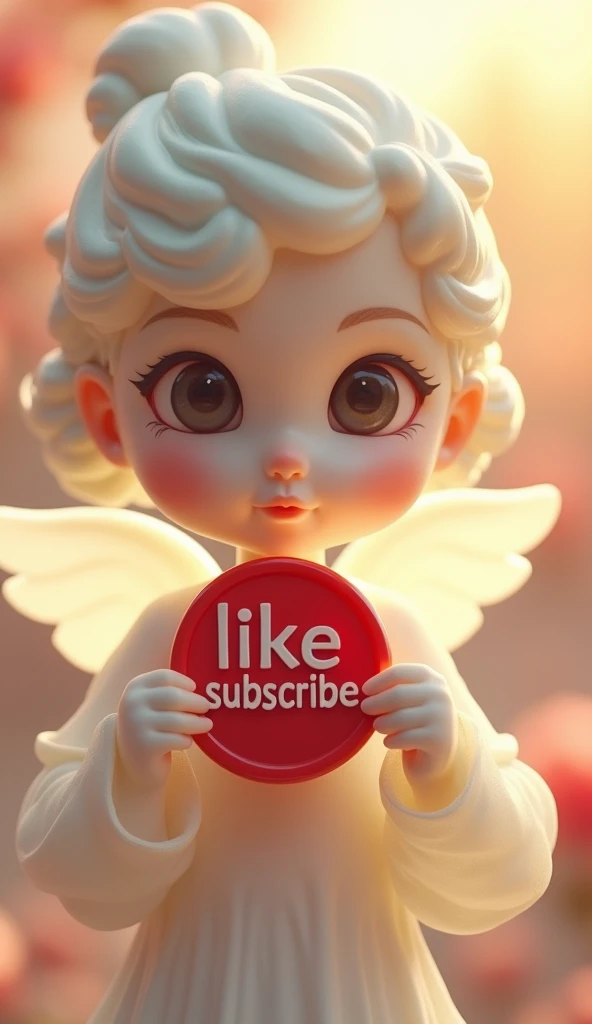 We need an image of a beautiful little doll white colour who is holding a red colored coin with both her hands and has written 'like' and 'subscribe' on it with a big character and has made a 'like' sign on it. Surrounded by sunlights suscribe bhi mote character me likha ho