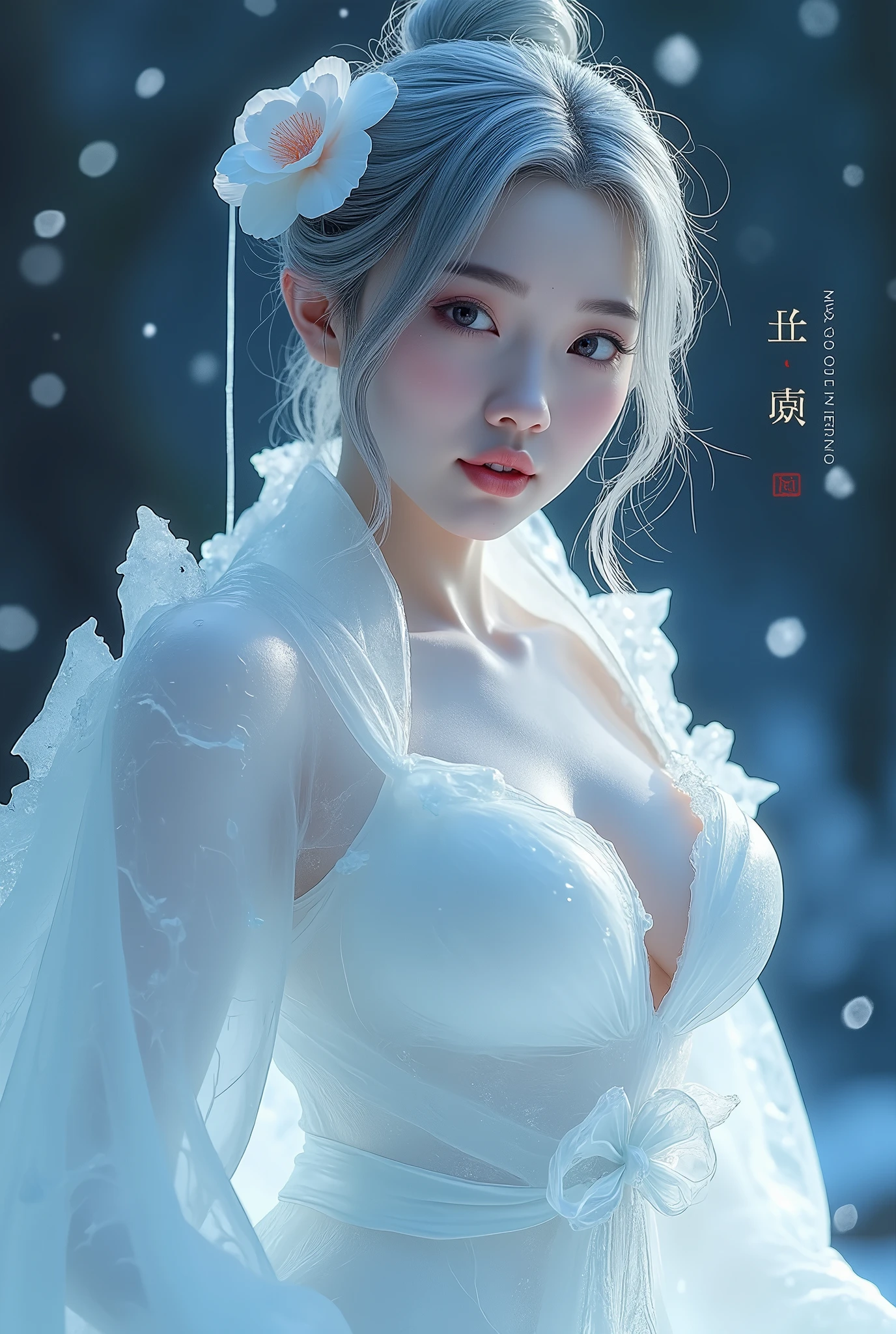 (ice - carving:1.4),Movie Angle,(Fan Bingbing, ice sculpture girl,Anatomically correct,full bodyesbian,Masterpiece ice sculpture camellia,Representative work Hanfu,Smile),sexy