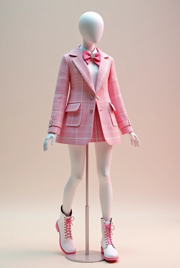 Mannequin wearing Korean school uniform, pink waist-length coat with white plaid pattern, unbuttoned, pink skirt with white plaid pattern, pink bow tie with glitter, white boots with alternating laces