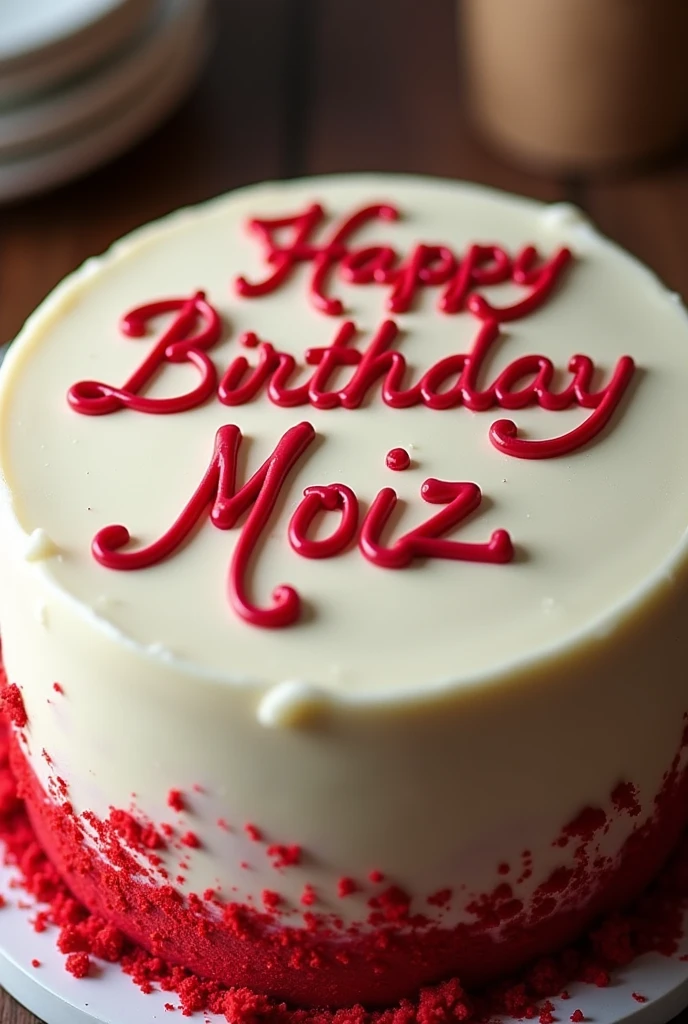 A real red velvet cake on which happy birthday moiz is written . It is look like real not like ai look . It look like that we bought it recently . Lying on the table without background design 



