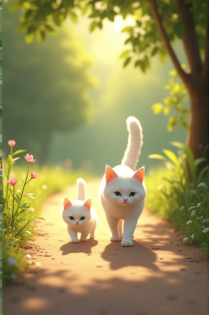 On a sunny afternoon, a white cat strolls down a quiet footpath with its tiny white kitten following closely.