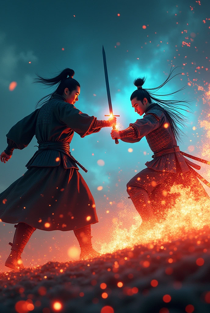 original photo of a handsome Korean man wearing war clothes, again action katana duel with a Japanese man Japanese knight , wear traditional clothes ,the fight was very fierce,night atmosphere,the photo looks abstract and clear,and looks all over l,looks like fighting floating in the air full body,red orange blue fire is visible between them,the fight was very fierce, cinematic, speedslowmotion, UHD.