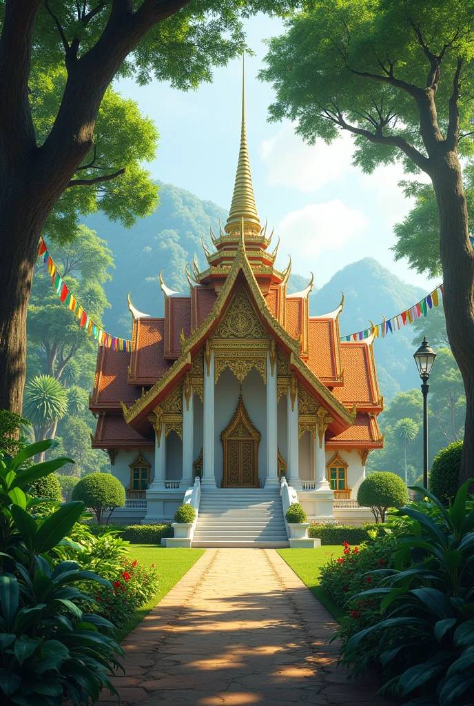 A serene temple surrounded by lush greenery in Luang Prabang.