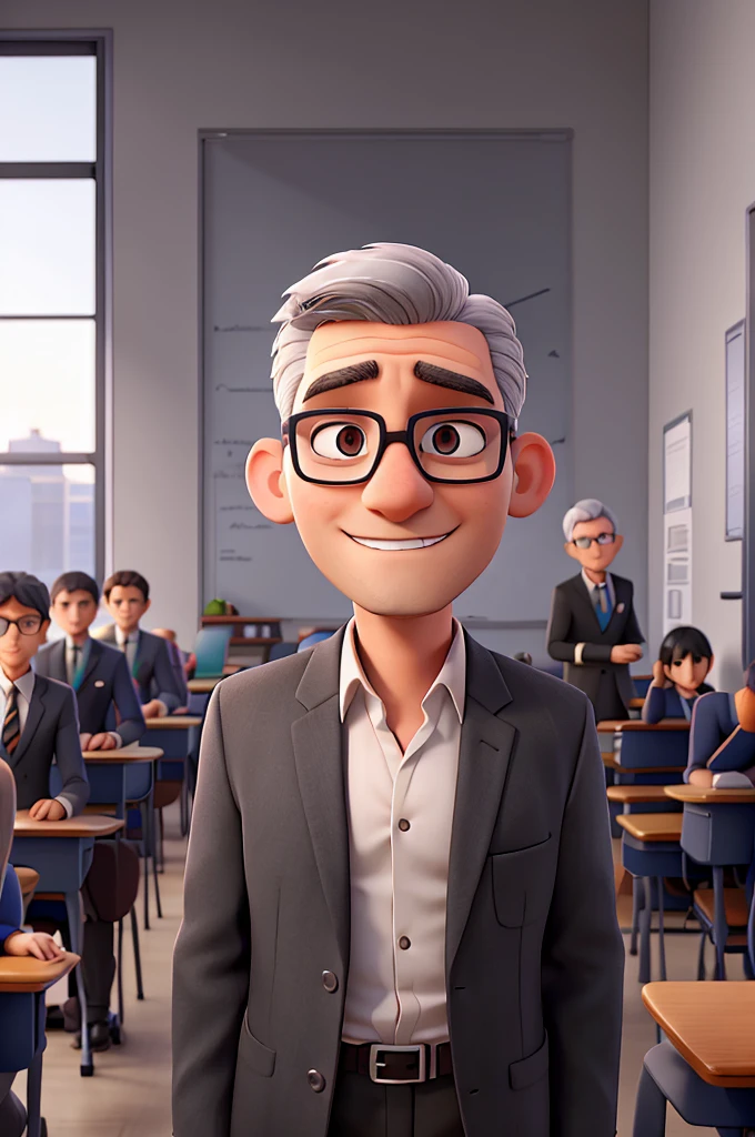 Male teacher with gray hair with some black strands, eyes black, glasses, blazer, no tie, Classroom Background, 4 images of the same character in different positions and scenarios