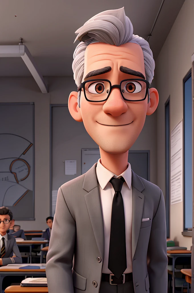 Male teacher with gray hair with some black strands, eyes black, glasses, blazer, no tie, Classroom Background, 4 images of the same character in different positions and scenarios