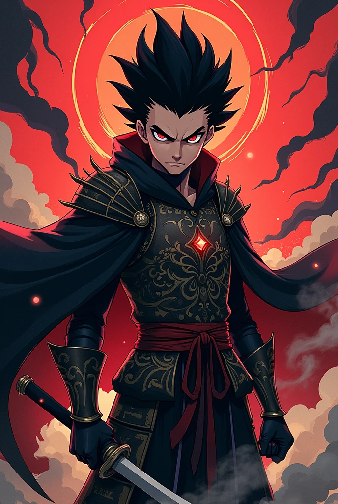 Create an image of a fierce warrior depicted in mob psycho 100 anime style. The warrior should have a determined expression, with sharp, intense eyes and a strong, confident pose. Outfit the warrior in detailed, traditional armor, including a flowing cape and ornate, battle-worn details. The color palette should feature bold, vibrant colors with high contrast, and the background can include dramatic action lines or effects to emphasize the warrior's energy and strength.
