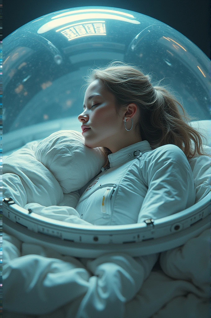 A 20 year old girl sleeping in a transparent shell looks like some outerspace chamber . The girl is wearing a futurestic suit .