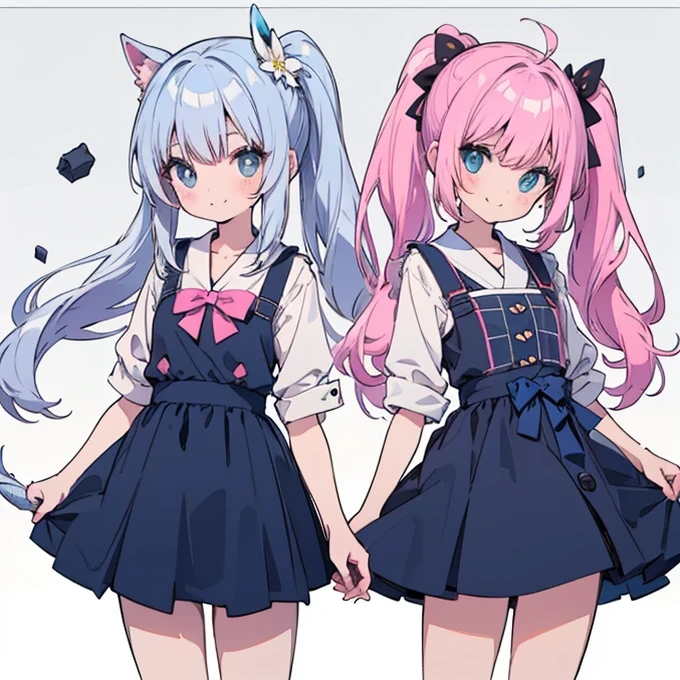 classroom、High school uniform、Japanese women、cute、16Year、Ultra mini skirt、Beautiful thighs、Delicate holding hands、masterpiece、Highest quality、2 peopleの、2 peopleだけ、2 people、(((cute、Pink Hair、Long Hair、Twin tails,distinct eyes、haveは無し)))、(((cute、Silver Hair、Side Tail、High ponytail on the left、have)))、Flat Color、2 peopleとも正面を向いている、Sparkling eyes sketch(flying debris), (Highest quality), Very detailed, ((1 person)), Focus Only,dynamic,((smile)),Perfect Face, Beautiful Face, Very detailedな顔,Swimwear,Idle only,Gorgeous hair ornament,smile、Small breasts、