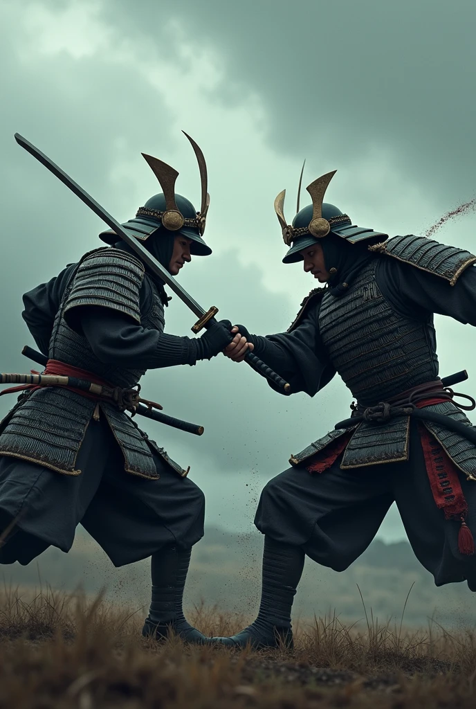 Two Japanese samurai\(beautiful armor, beautiful japanese swords,samurai mask\) in single combat,at cloudy battle field, dynamic camera work,dynamic pose,dynamic action,dynamic action movie,motion blur,close-up the fight,bloody