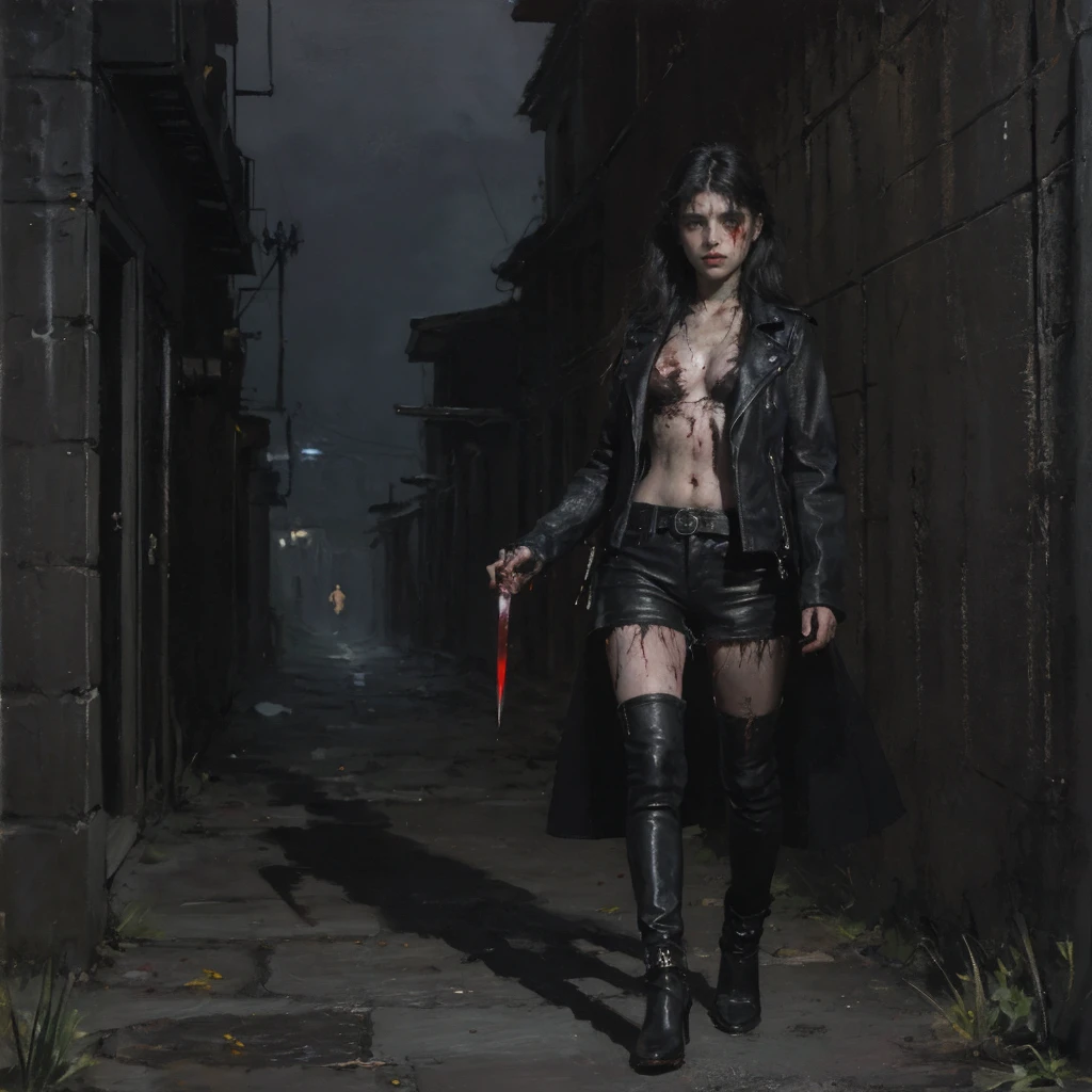 high res, ((oil paiting)), (front view), paiting of a menacing beautiful 20 years old girl, ((looking at viewer)), wearing a black leather jacket and spiked bracelet, ((holding a bloodied knife)), (blood on her hands) . ((night)), ((in a dark alley)), inspired by Gustave Dore, dark color palette, perfect anatomy
