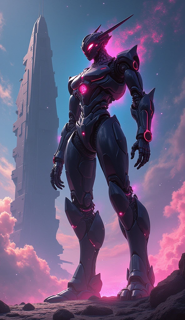 Anime Style, A full-body image of a slender monster-like black and pink super robot universe, Battleship,
