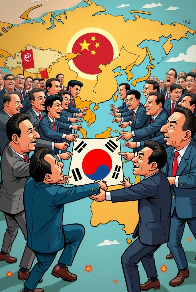 Make a cartoon about socialism, global geopolitics and a contemporary new world order fighting to get socialist lands like South Korea