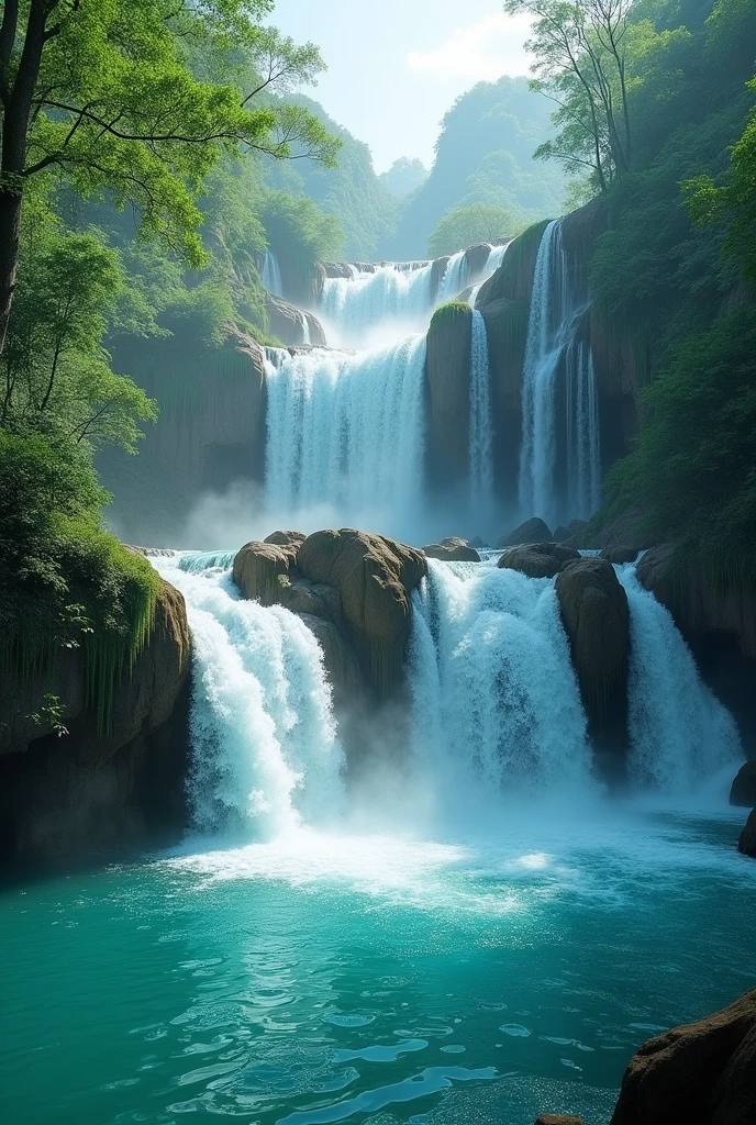 The stunning Kuang Si Waterfall, with turquoise blue water cascading down multiple tiers.