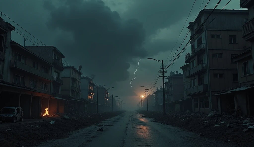 Create an ultra-realistic image of an apocalypse known as 'Three Days of Darkness'. The setting should portray a dense and oppressive atmosphere, with a sky completely covered by thick, dark clouds, blocking any light. Streets and buildings are plunged into complete darkness, with only the glow of scattered fires and occasional flashes of lightning partially illuminating the scene. The urban environment is devastated, with damaged and abandoned buildings, destroyed vehicles and scattered debris. The effect should convey a deep sense of desolation and fear., with a dark and contrasting color palette that amplifies the feeling of a world in absolute collapse."