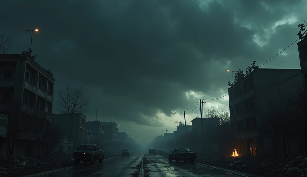 Create an ultra-realistic image of an apocalypse known as 'Three Days of Darkness'. The setting should portray a dense and oppressive atmosphere, with a sky completely covered by thick, dark clouds, blocking any light. Streets and buildings are plunged into complete darkness, with only the glow of scattered fires and occasional flashes of lightning partially illuminating the scene. The urban environment is devastated, with damaged and abandoned buildings, destroyed vehicles and scattered debris. The effect should convey a deep sense of desolation and fear., with a dark and contrasting color palette that amplifies the feeling of a world in absolute collapse."