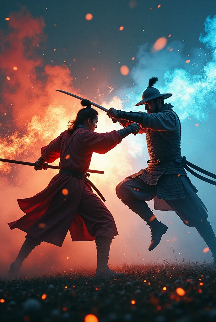 original photo of a handsome Korean man wearing war clothes, again action katana duel with a Japanese man Japanese knight , wear traditional clothes ,the fight was very fierce,night atmosphere,the photo looks abstract and clear,and looks all over l,looks like fighting floating in the air full body,red orange blue fire is visible between them,the fight was very fierce, cinematic, speedslowmotion, UHD.